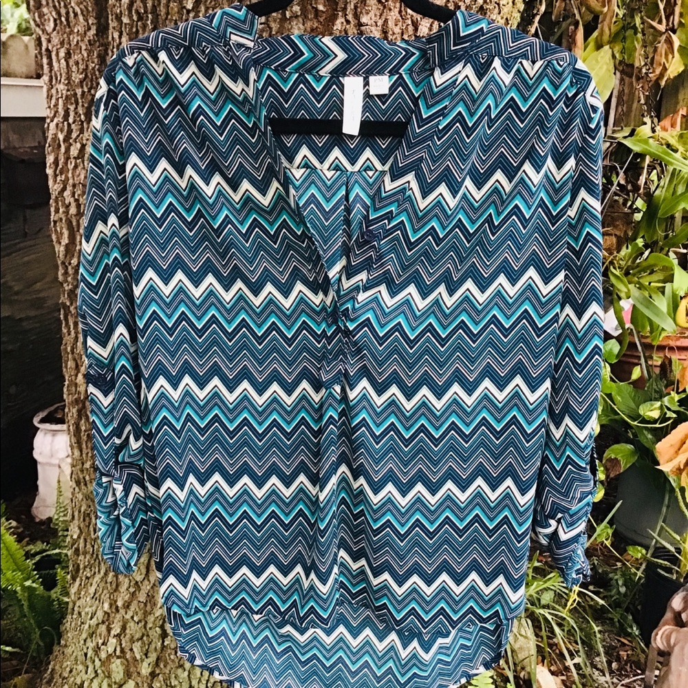 Tacera Long Sleeve Chevron Pattern Blue Blouse Shirt MP
